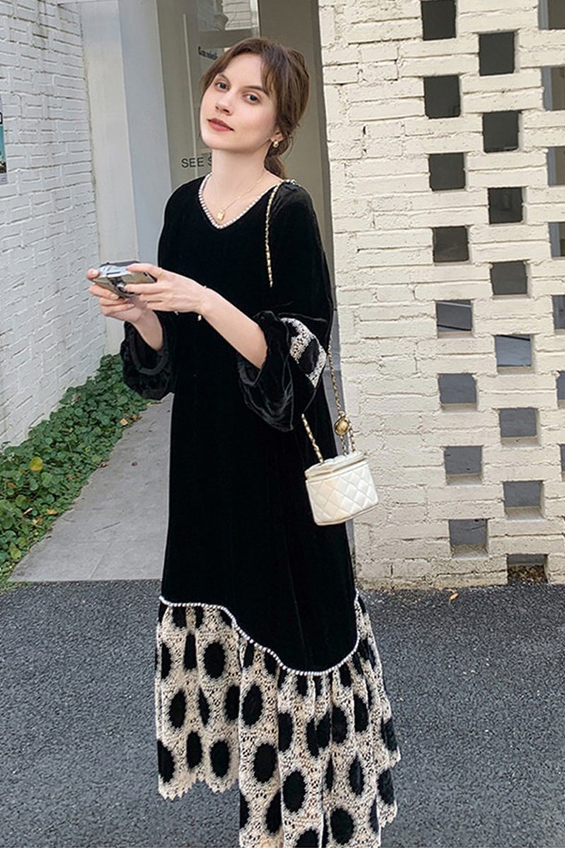Black Velvet Long Sleeve Polka-Dot Panel Maxi Dress