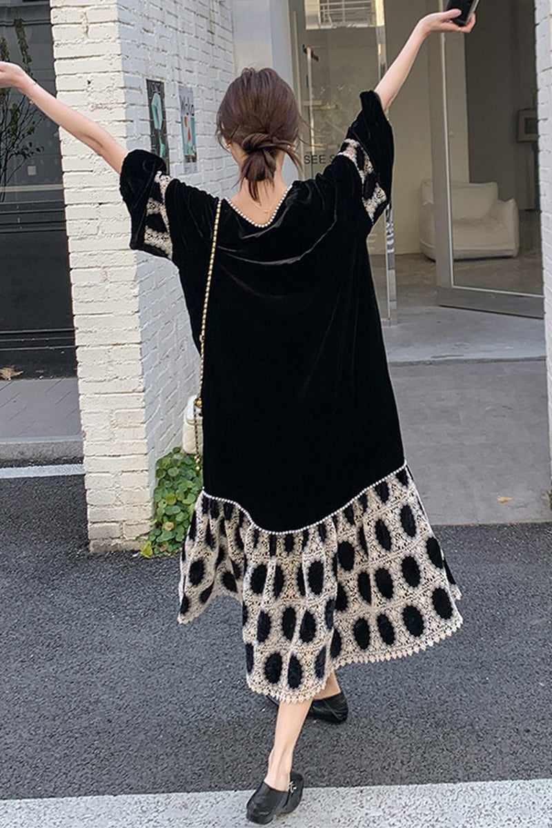 Black Velvet Long Sleeve Polka-Dot Panel Maxi Dress