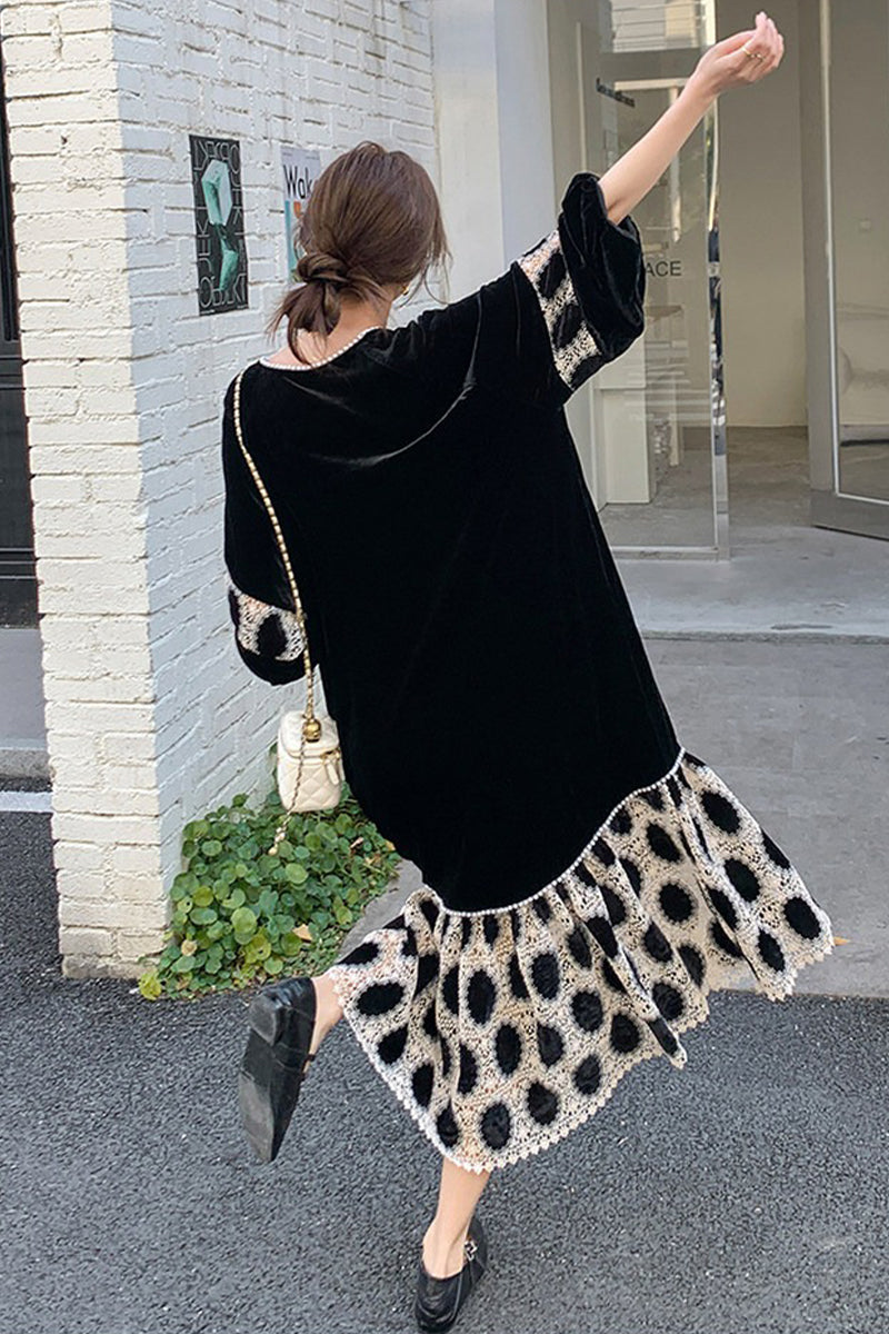 Black Velvet Long Sleeve Polka-Dot Panel Maxi Dress