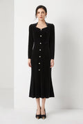 Black Velvet Long Sleeve Sweetheart Midi Dress with Pearls