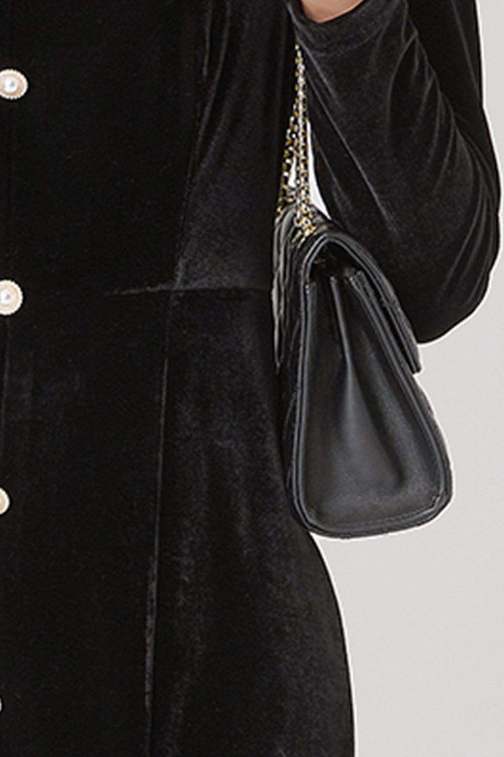 Black Velvet Long Sleeve Sweetheart Midi Dress with Pearls