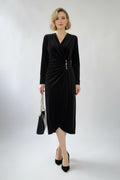 Black Velvet Ruched Long Sleeve V-Neck Midi Dress