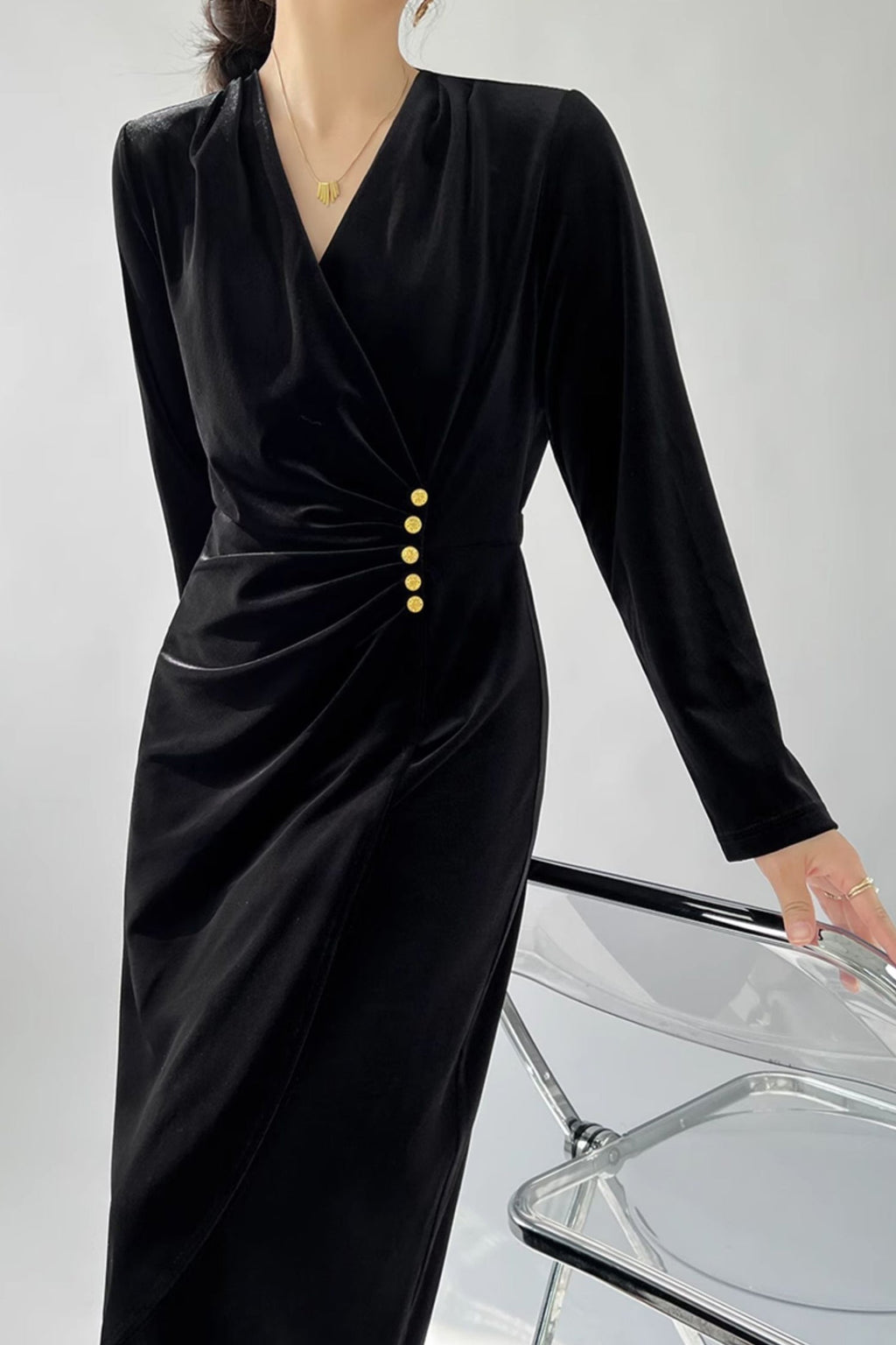 Black Velvet Ruched Long Sleeve V-Neck Midi Dress