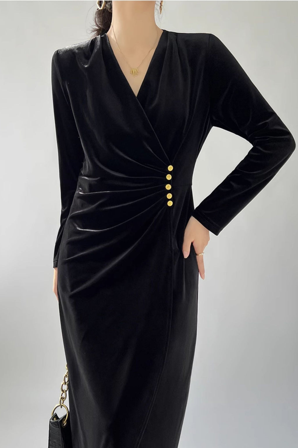 Black Velvet Ruched Long Sleeve V-Neck Midi Dress