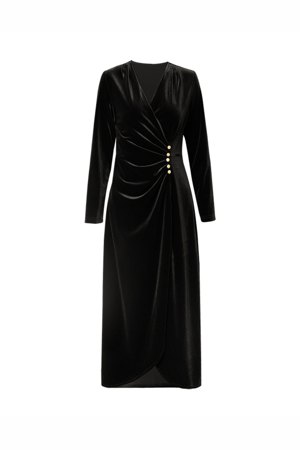 Black Velvet Ruched Long Sleeve V-Neck Midi Dress