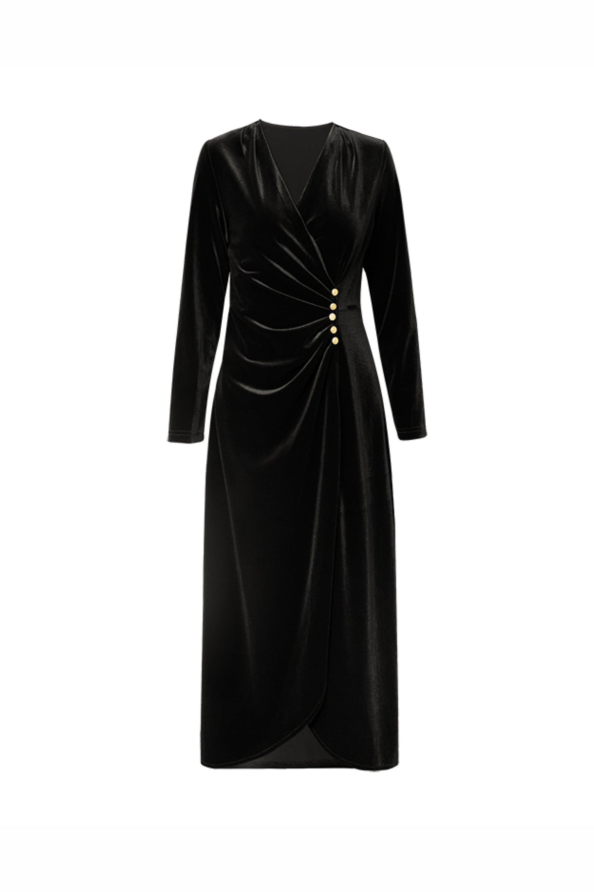 Black Velvet Ruched Long Sleeve V-Neck Midi Dress