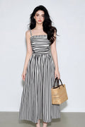 Black & White Spaghetti Strap Fit & Flare Maxi Dress