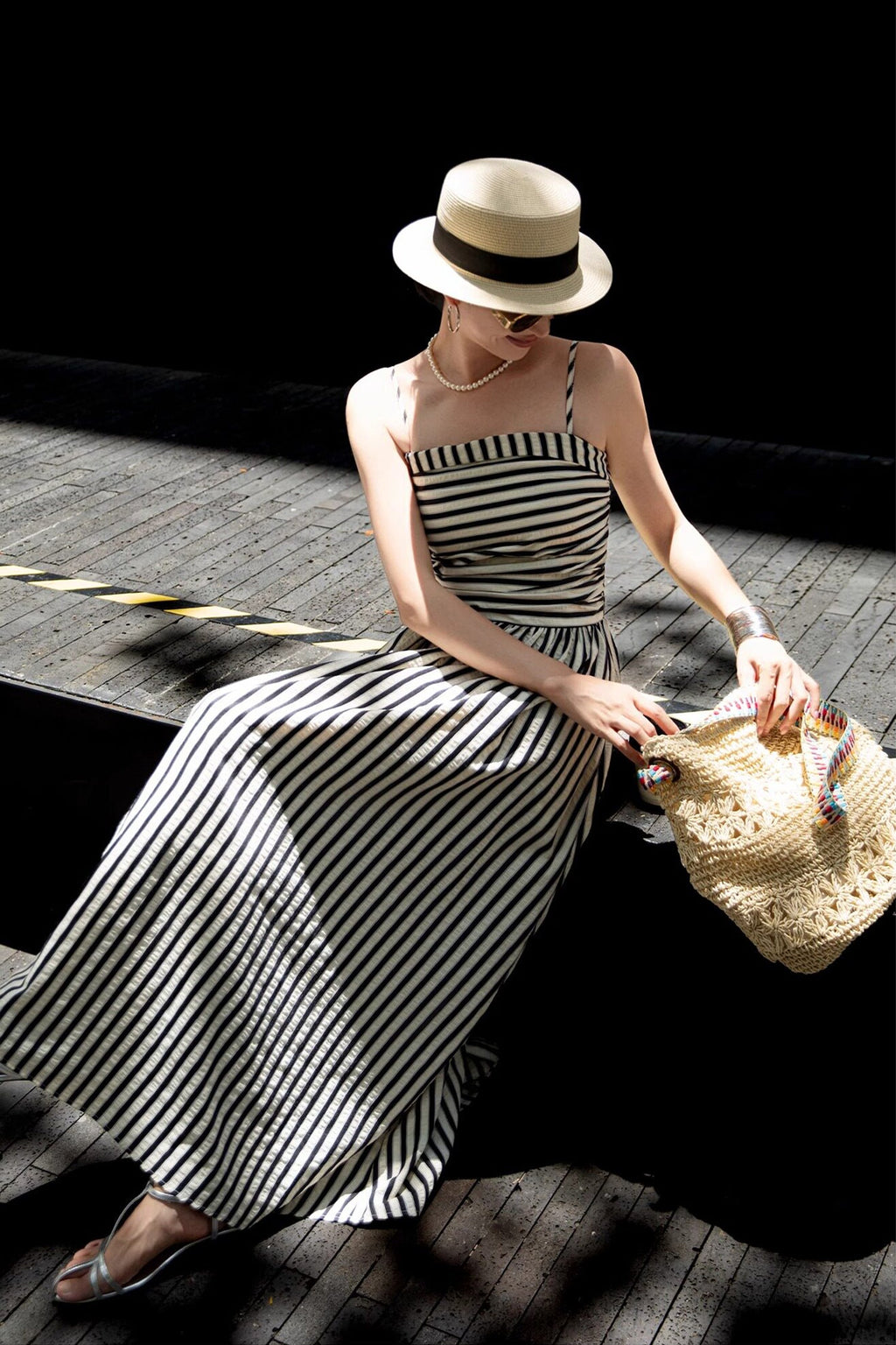 Black & White Spaghetti Strap Fit & Flare Maxi Dress