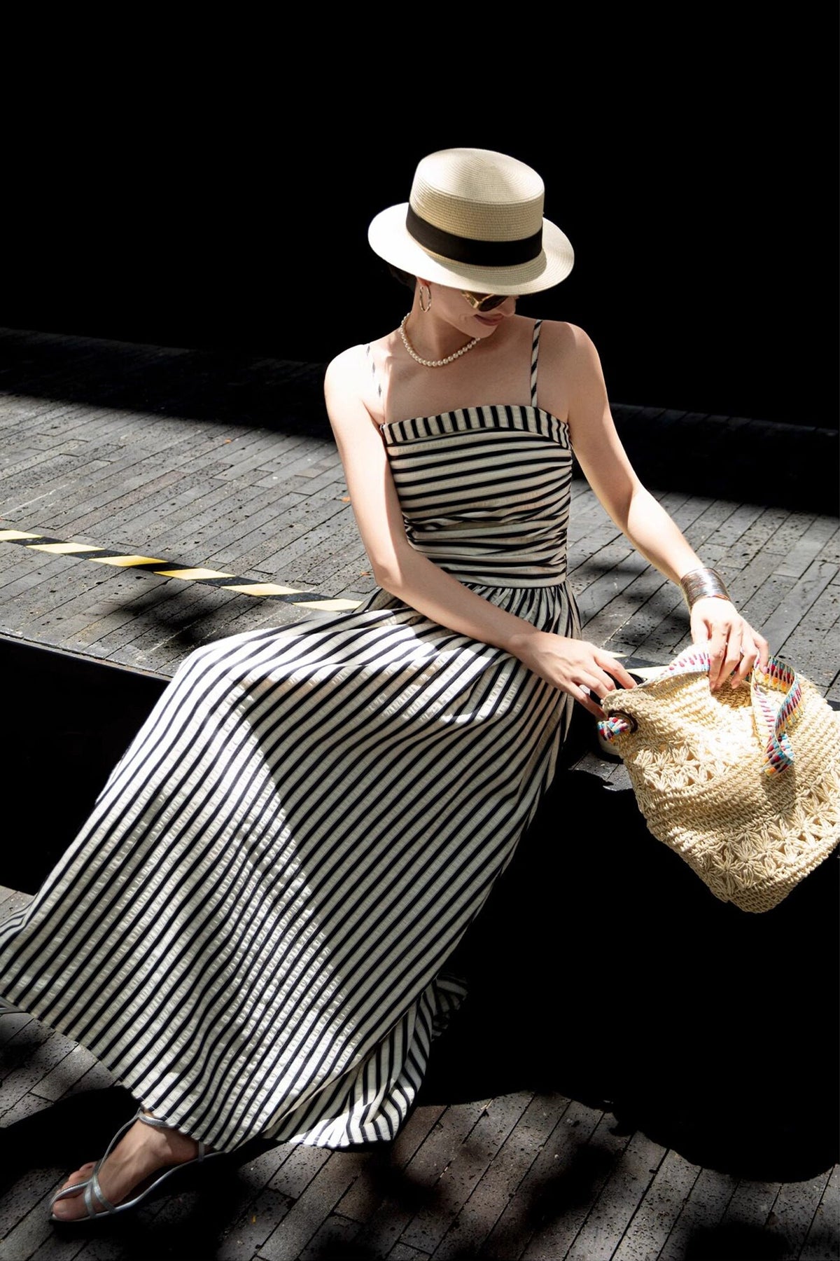 Black & White Spaghetti Strap Fit & Flare Maxi Dress