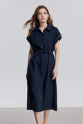 Blue Cap-Sleeve Shirt Midi Dress WIth Belt