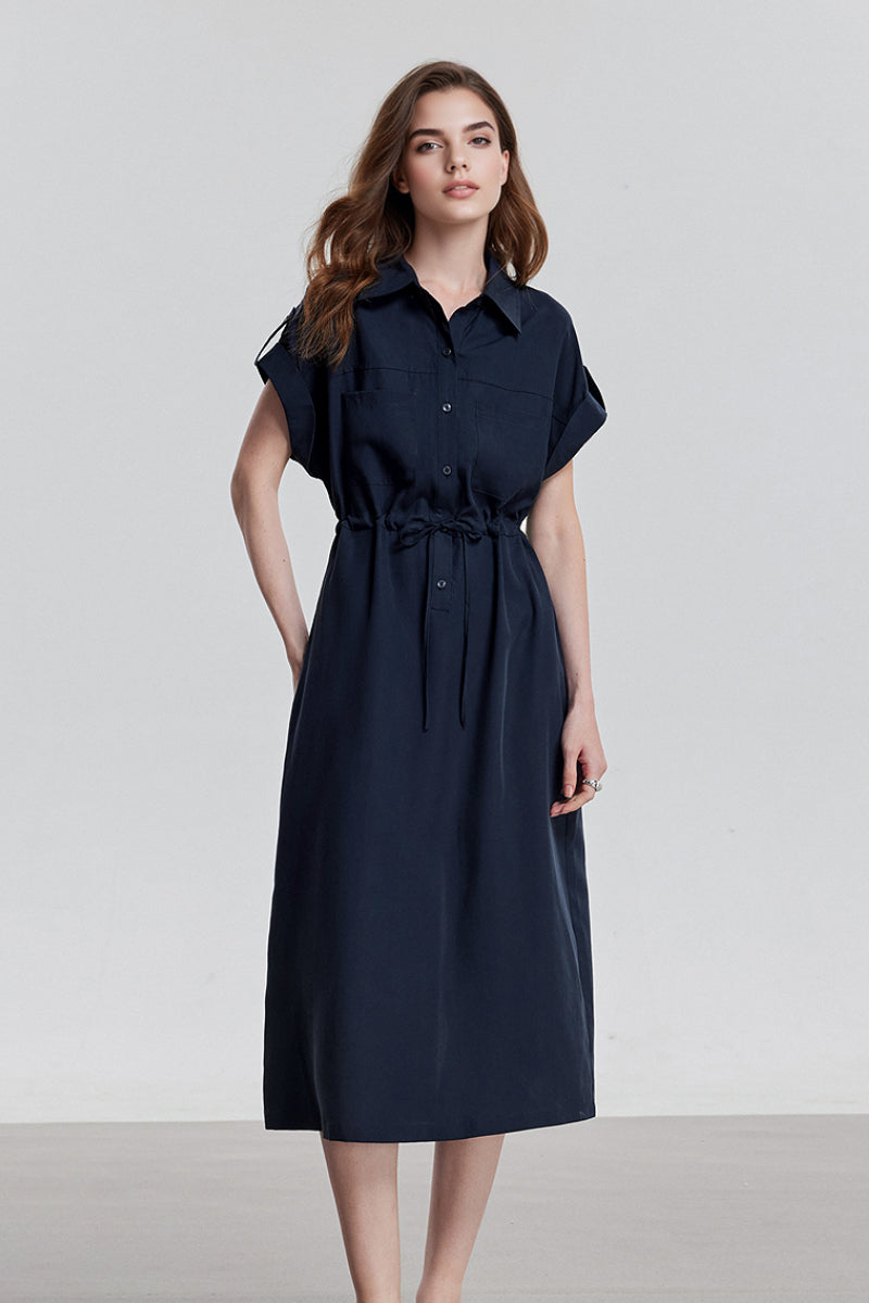 Blue Cap-Sleeve Shirt Midi Dress WIth Belt