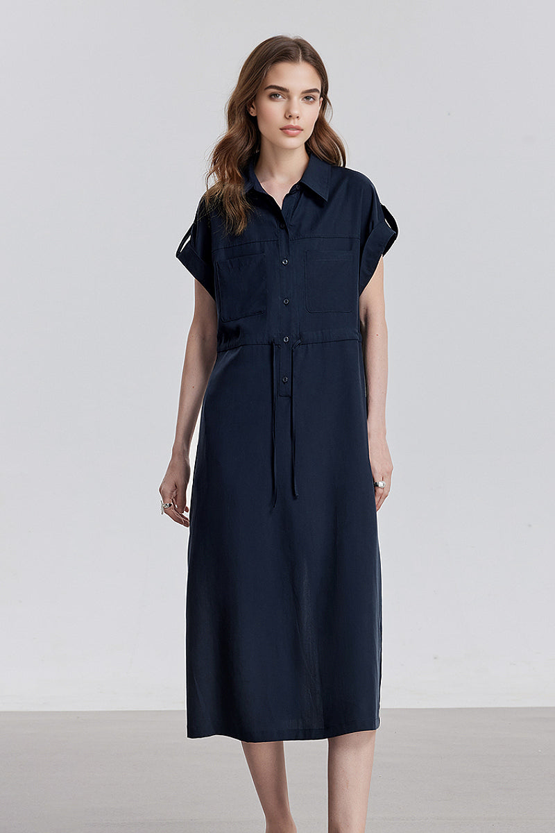 Blue Cap-Sleeve Shirt Midi Dress WIth Belt