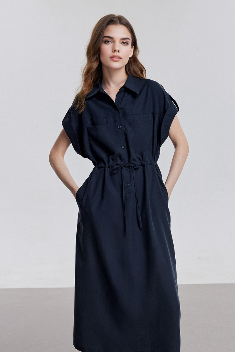 Blue Cap-Sleeve Shirt Midi Dress WIth Belt