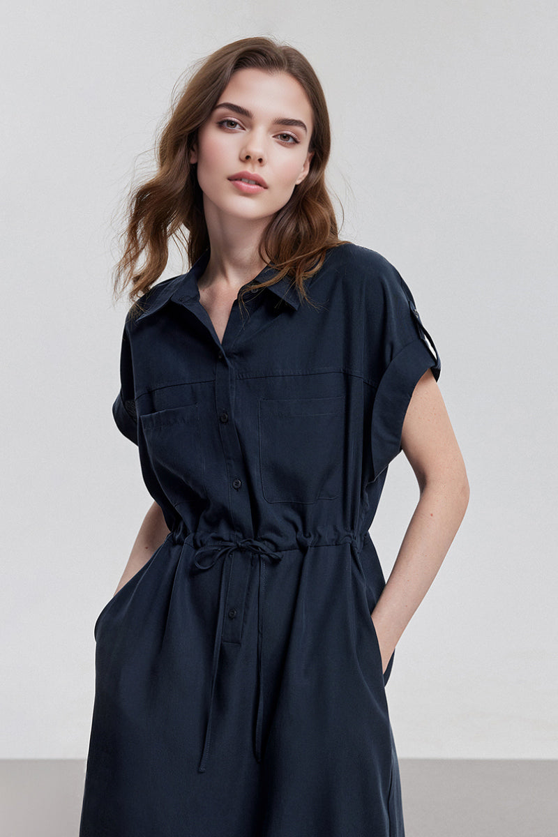 Blue Cap-Sleeve Shirt Midi Dress WIth Belt