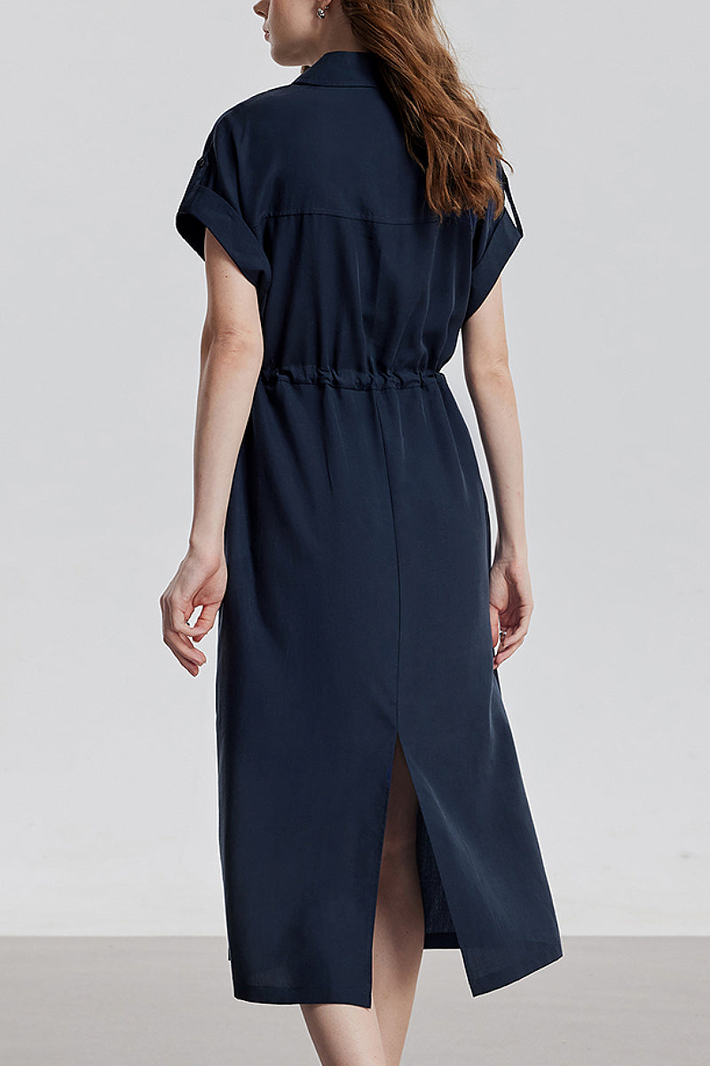Blue Cap-Sleeve Shirt Midi Dress WIth Belt