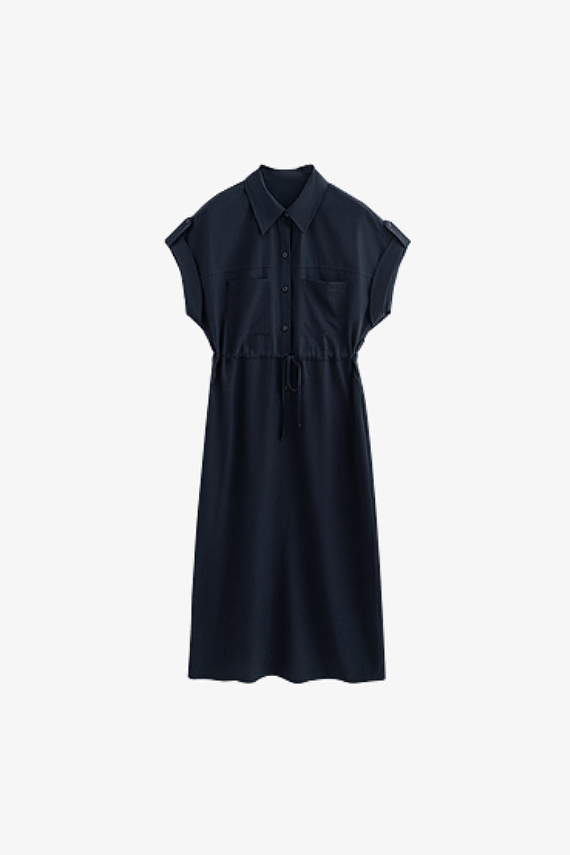 Blue Cap-Sleeve Shirt Midi Dress WIth Belt