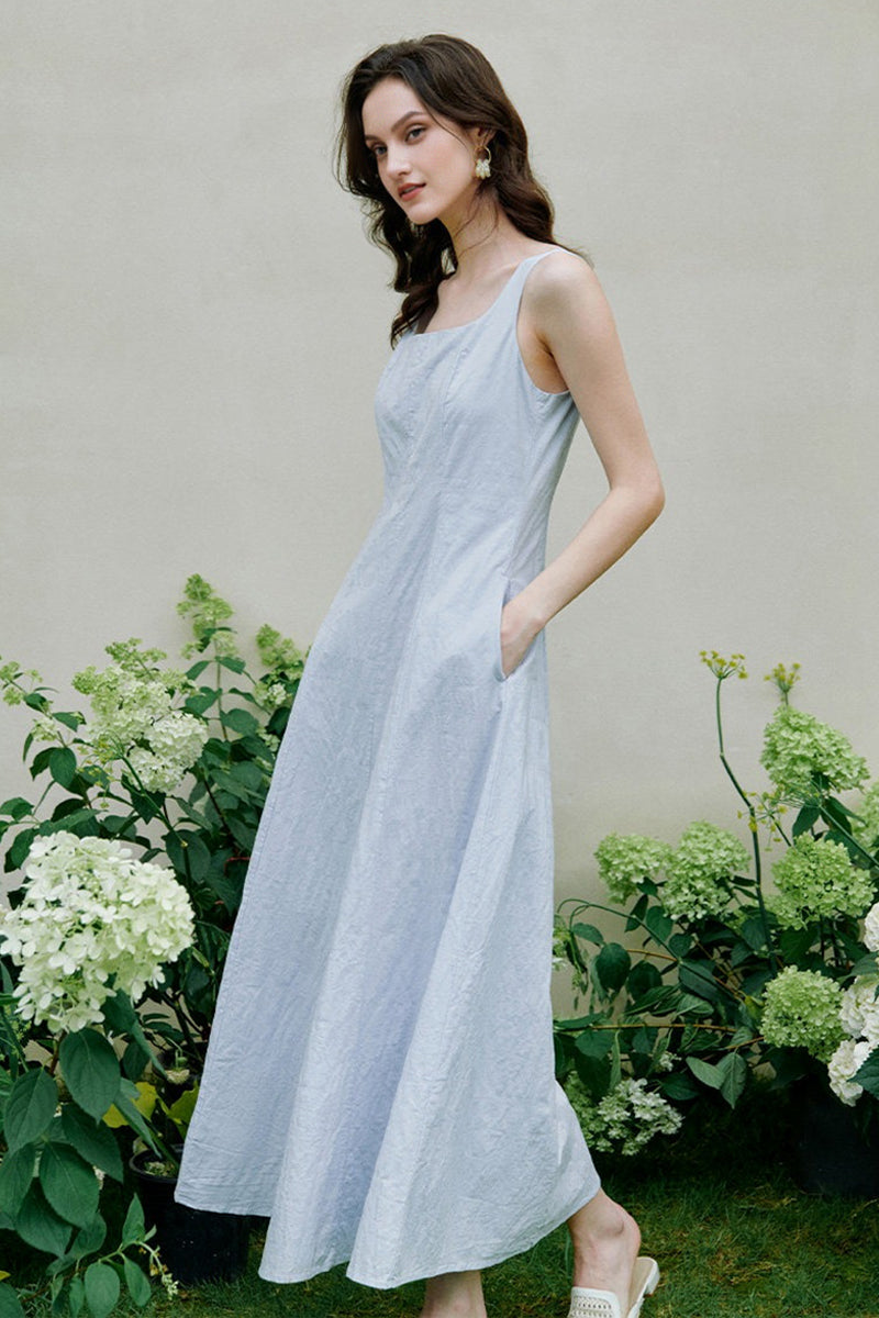 Blue Cotton Sleeveless A-Line Maxi Dress