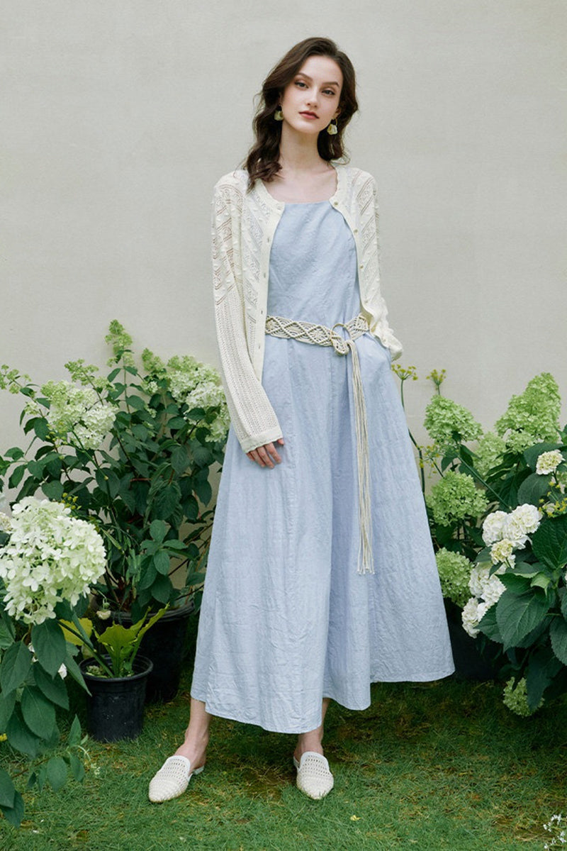 Blue Cotton Sleeveless A-Line Maxi Dress