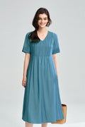 Blue Embroidered V-Neck Midi Tunic Dress
