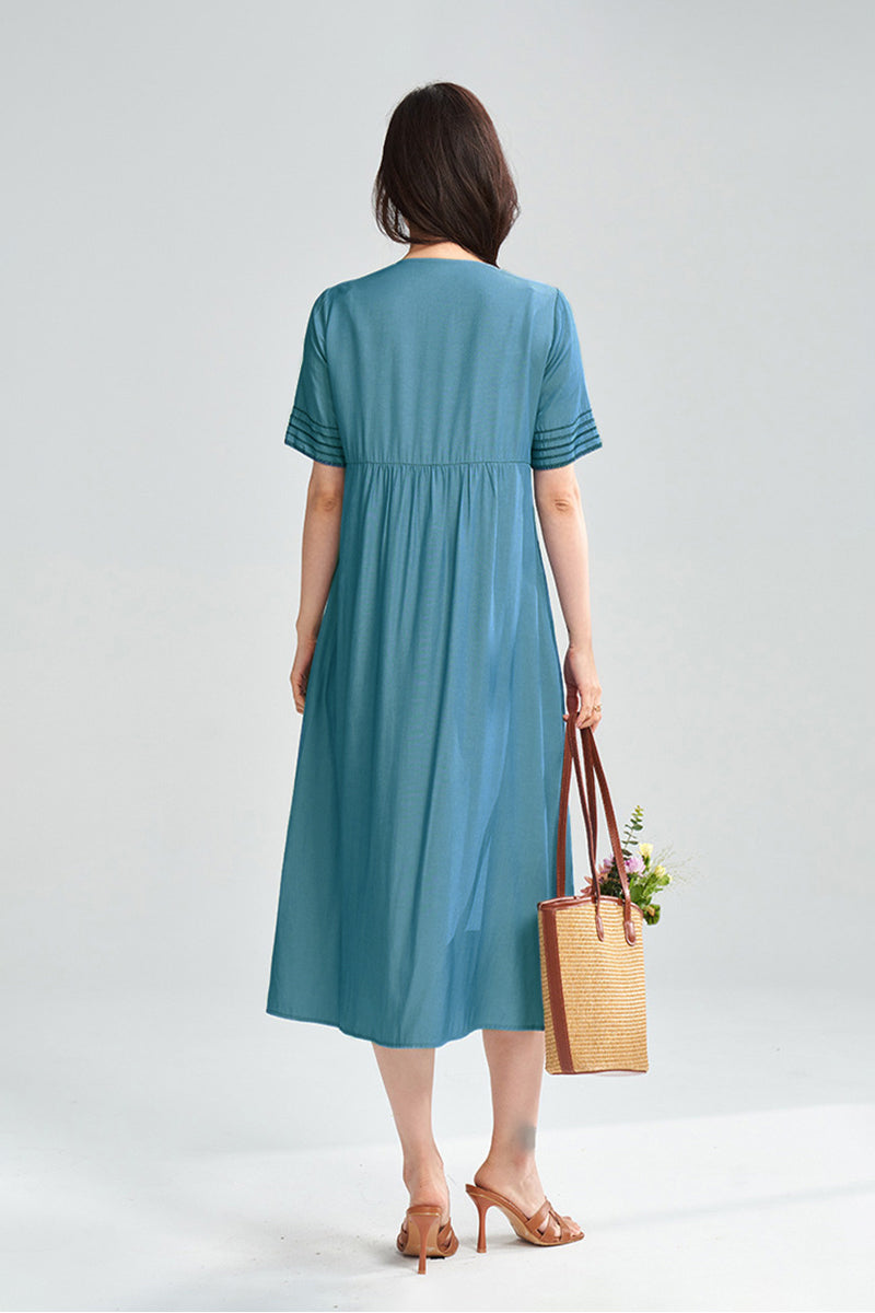 Blue Embroidered V-Neck Midi Tunic Dress