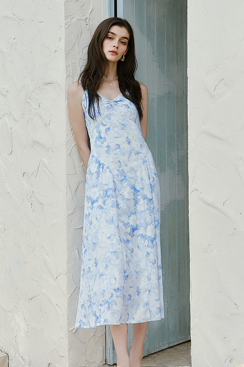 Blue Floral V-Neck Spaghetti-Strap Midi Dress