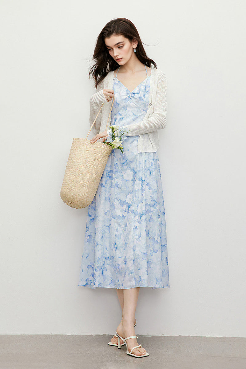 Blue Floral V-Neck Spaghetti-Strap Midi Dress