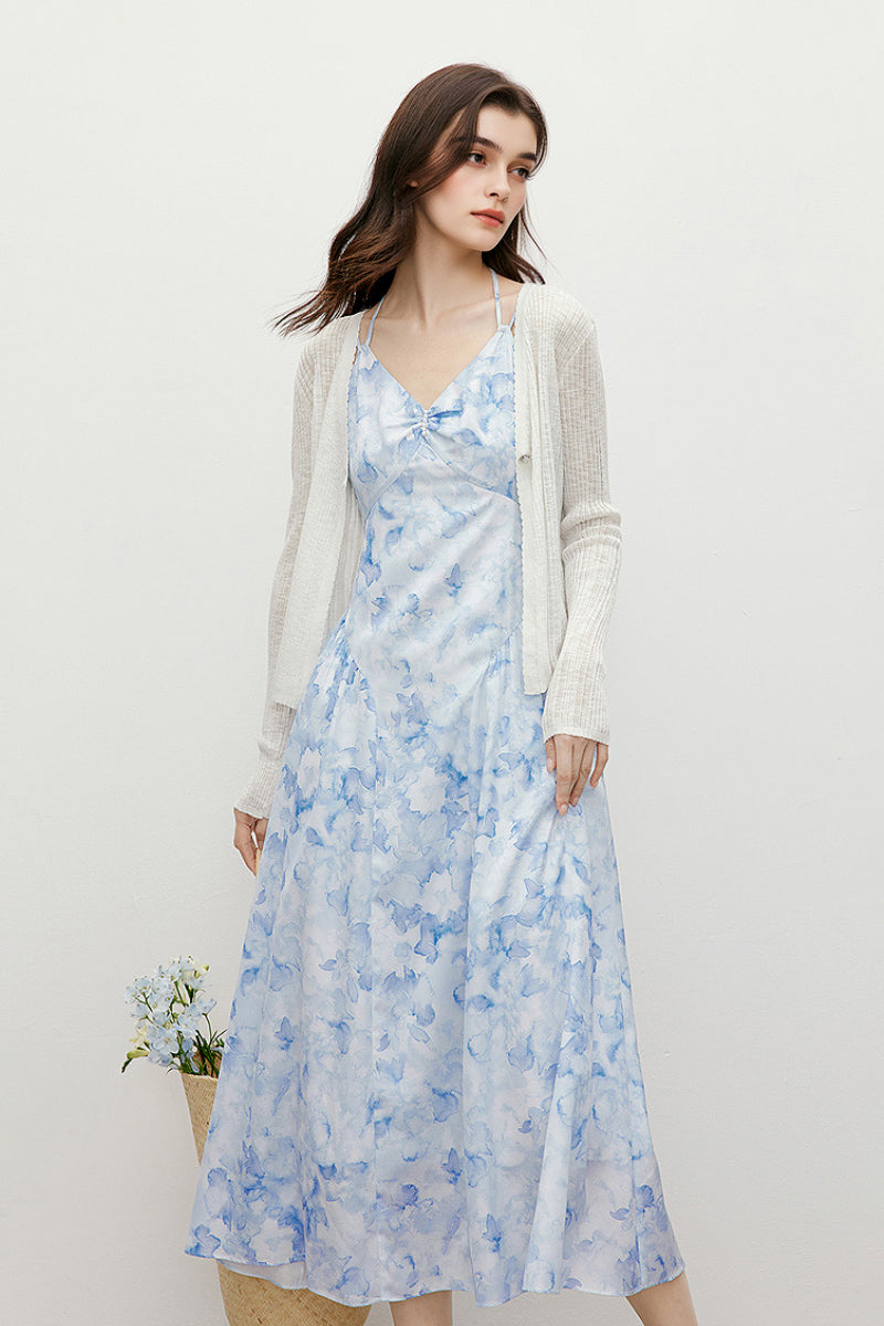 Blue Floral V-Neck Spaghetti-Strap Midi Dress