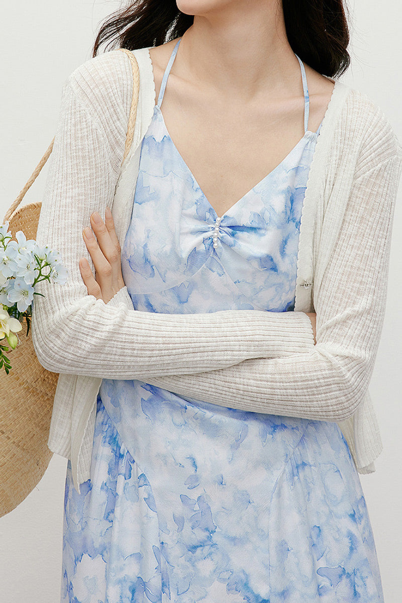 Blue Floral V-Neck Spaghetti-Strap Midi Dress
