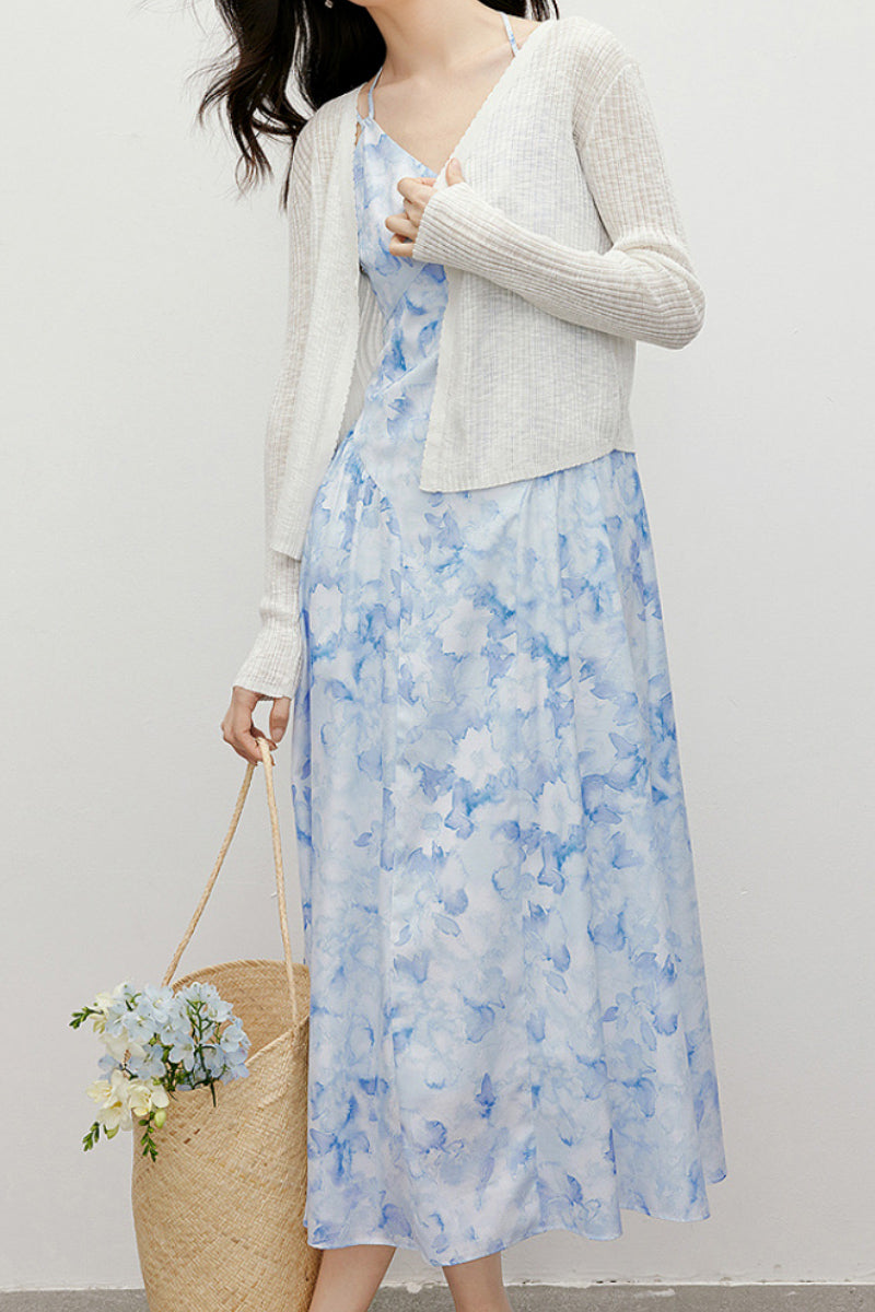 Blue Floral V-Neck Spaghetti-Strap Midi Dress