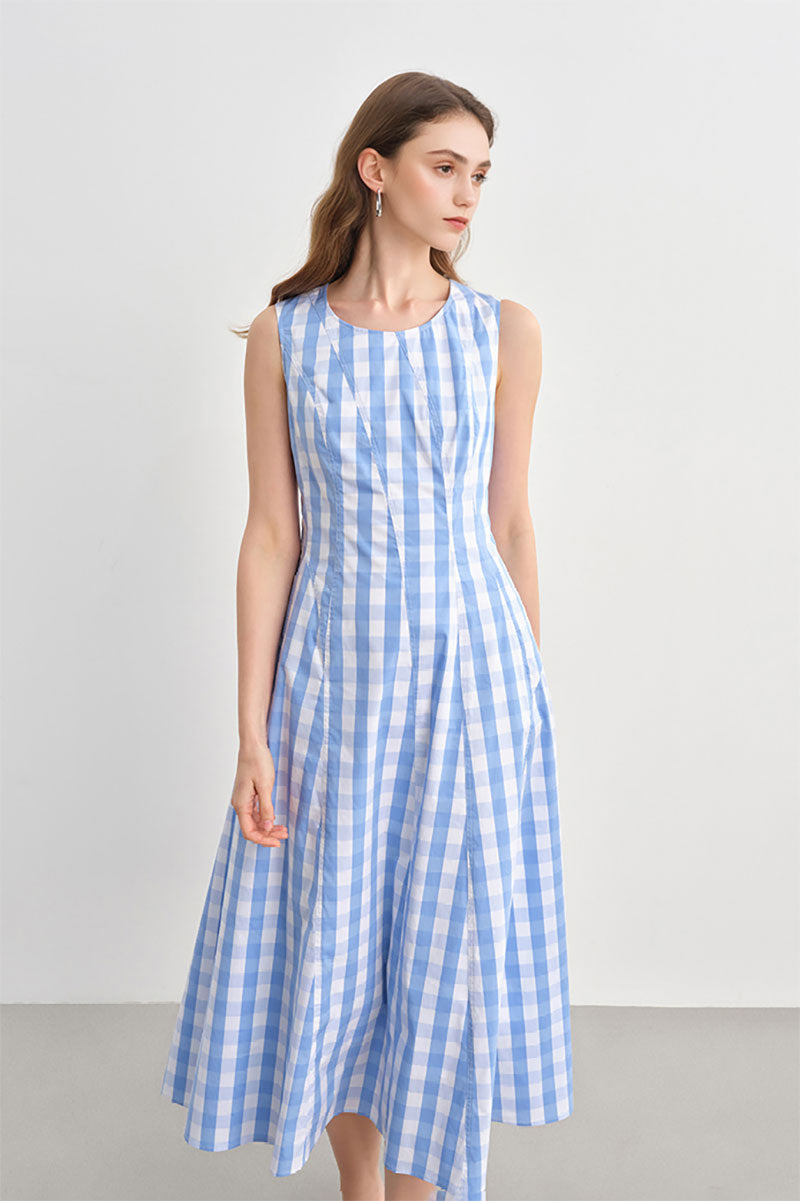 Blue Gingham Sleeveless A-Line Midi Dress