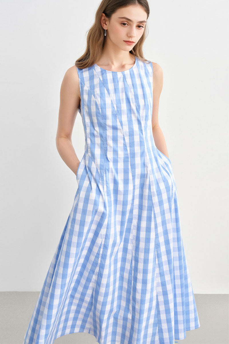 Blue Gingham Sleeveless A-Line Midi Dress