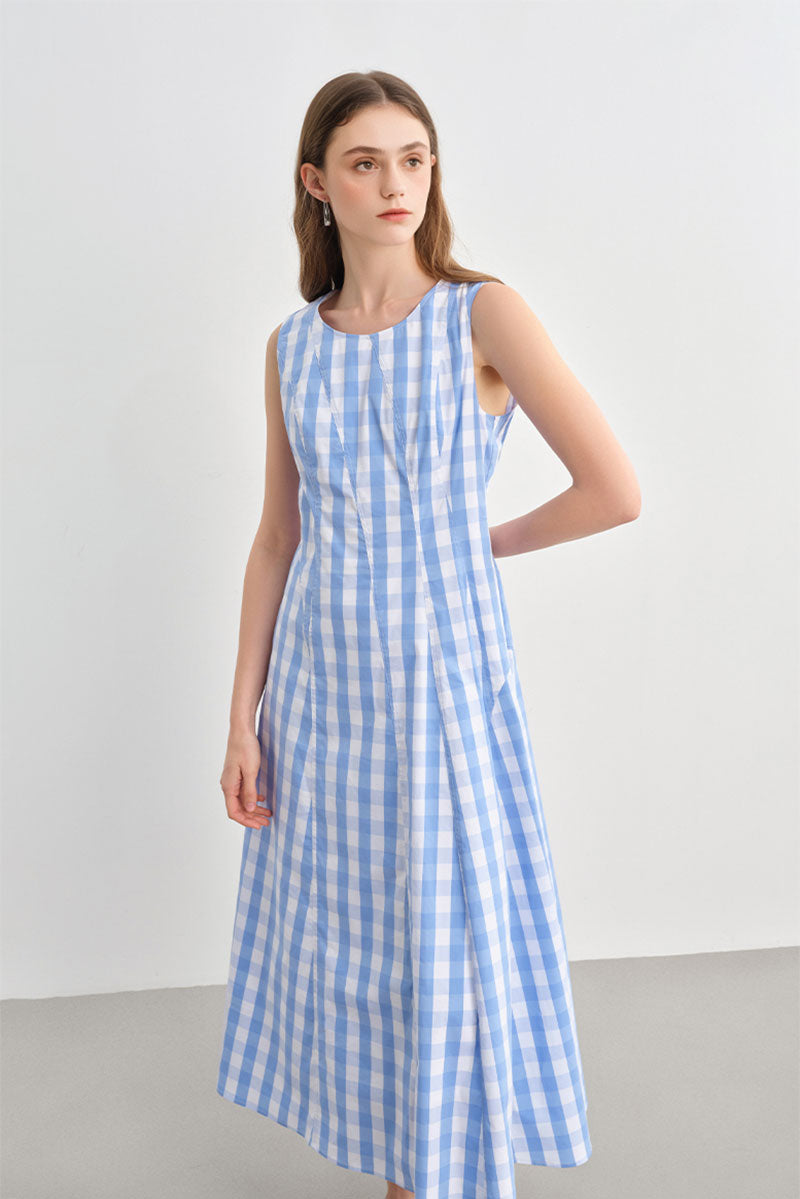 Blue Gingham Sleeveless A-Line Midi Dress