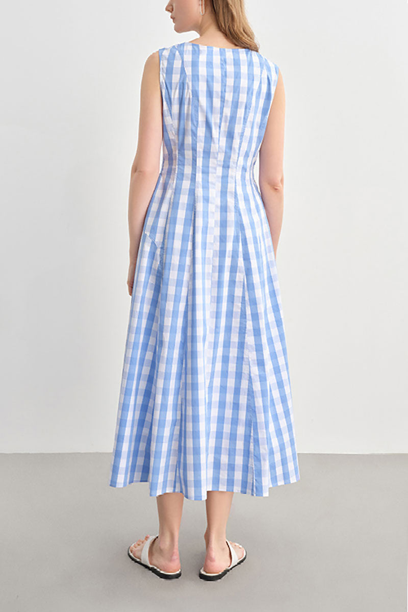 Blue Gingham Sleeveless A-Line Midi Dress