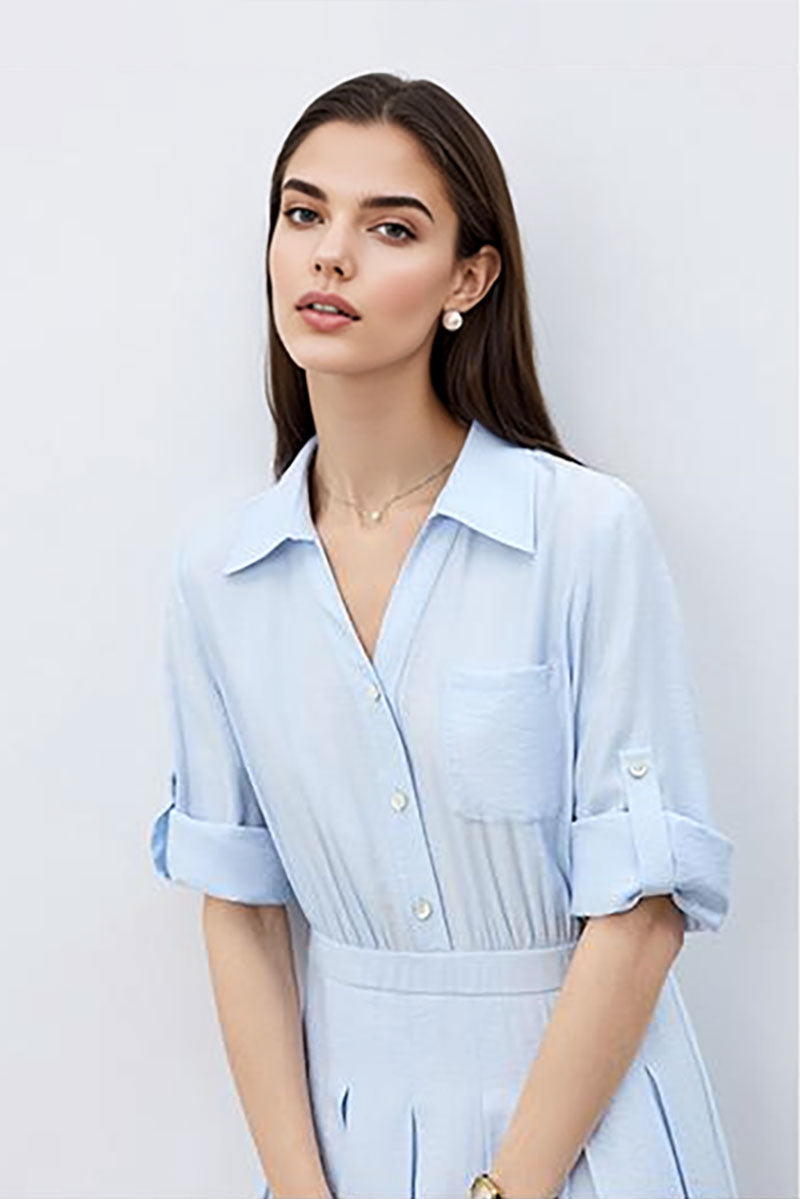 Baby Blue Long Sleeve Midi Shirt Dress