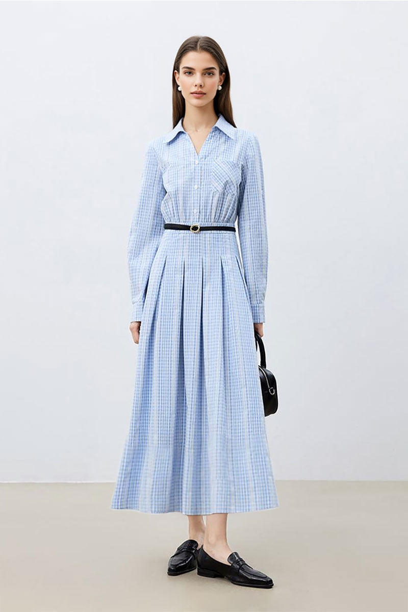 Blue Long Sleeve Gingham Midi Shirt Dress