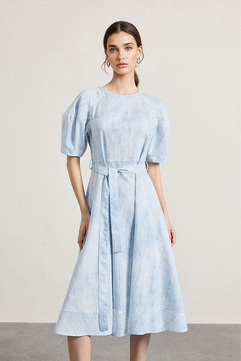Blue Puff-Sleeve Flare Midi Dress with Belt