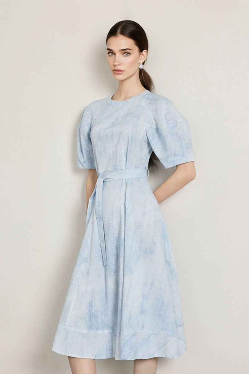 Blue Puff-Sleeve Flare Midi Dress with Belt