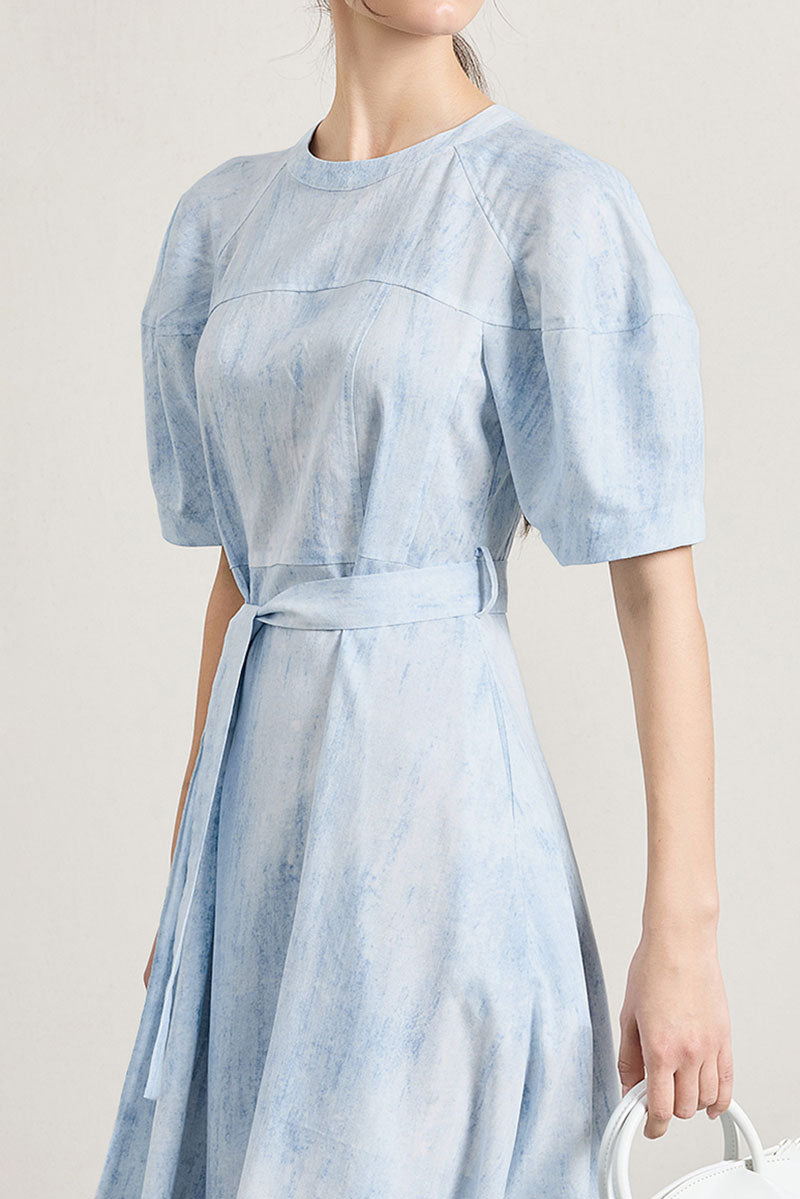 Blue Puff-Sleeve Flare Midi Dress with Belt