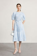 Blue Puff-Sleeve Flare Midi Dress with Belt