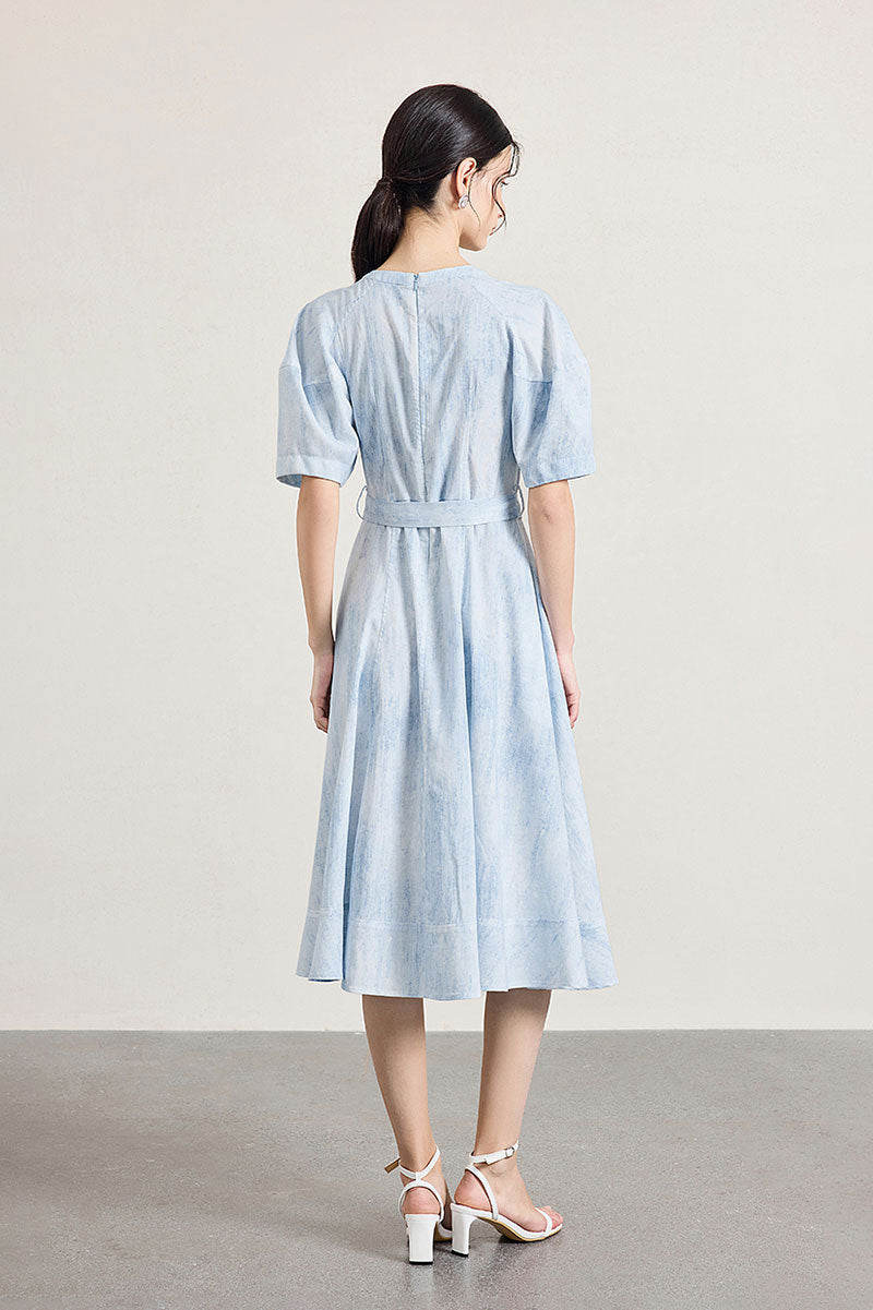 Blue Puff-Sleeve Flare Midi Dress with Belt