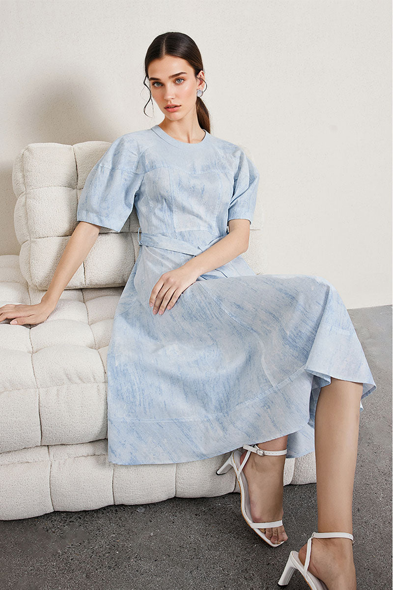 Blue Puff-Sleeve Flare Midi Dress with Belt