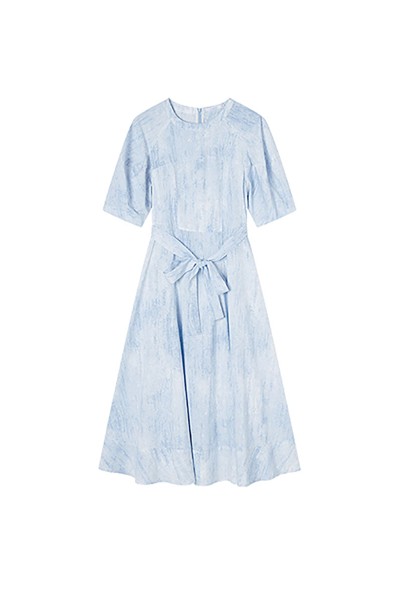 Blue Puff-Sleeve Flare Midi Dress with Belt