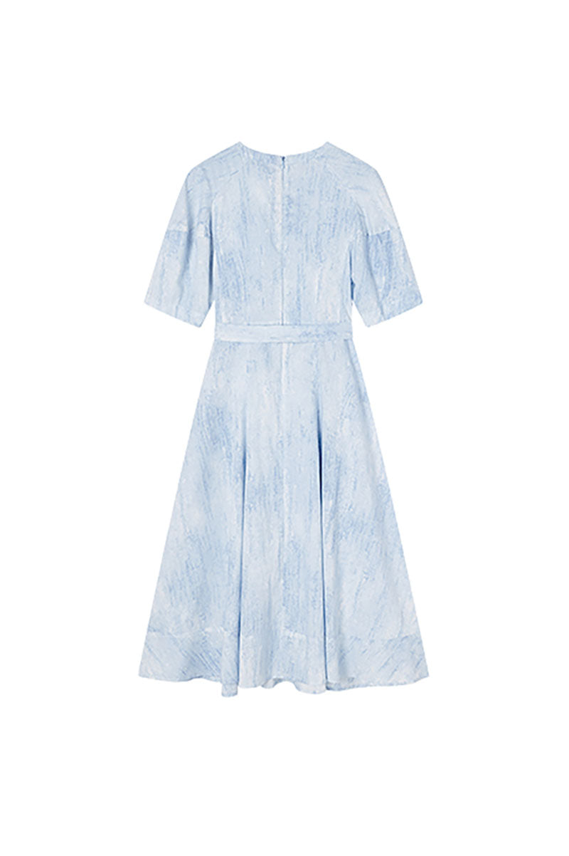 Blue Puff-Sleeve Flare Midi Dress with Belt