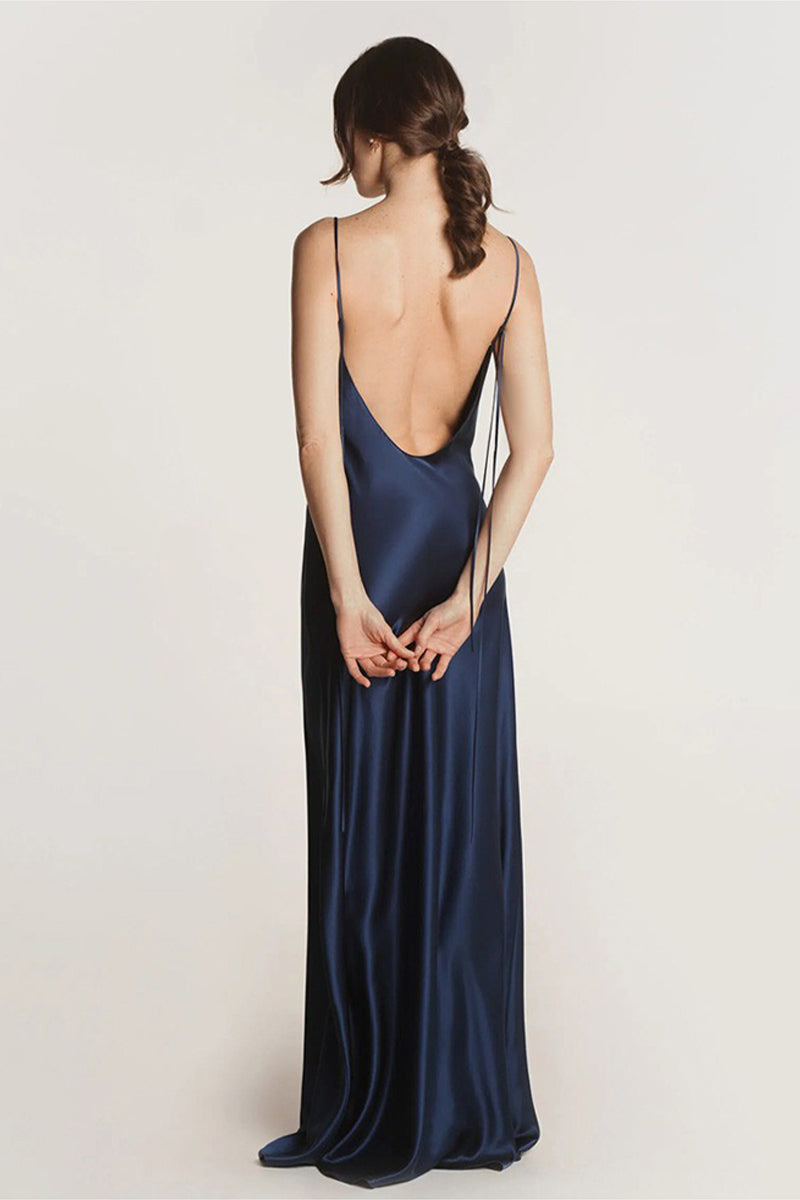 Blue Silk Backless Maxi Slip Dress