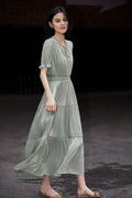 Silky Tiered Puff-Sleeve Glisten Maxi Dress