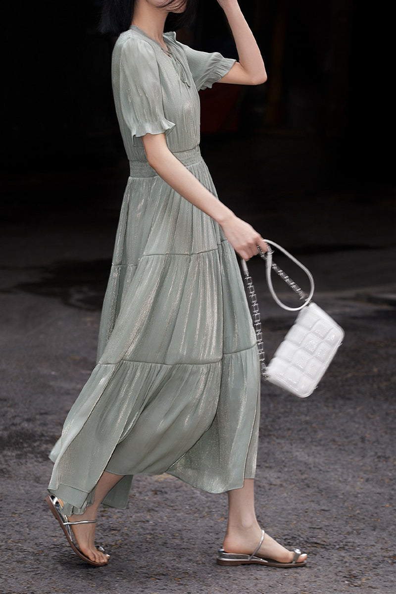 Silky Tiered Puff-Sleeve Glisten Maxi Dress