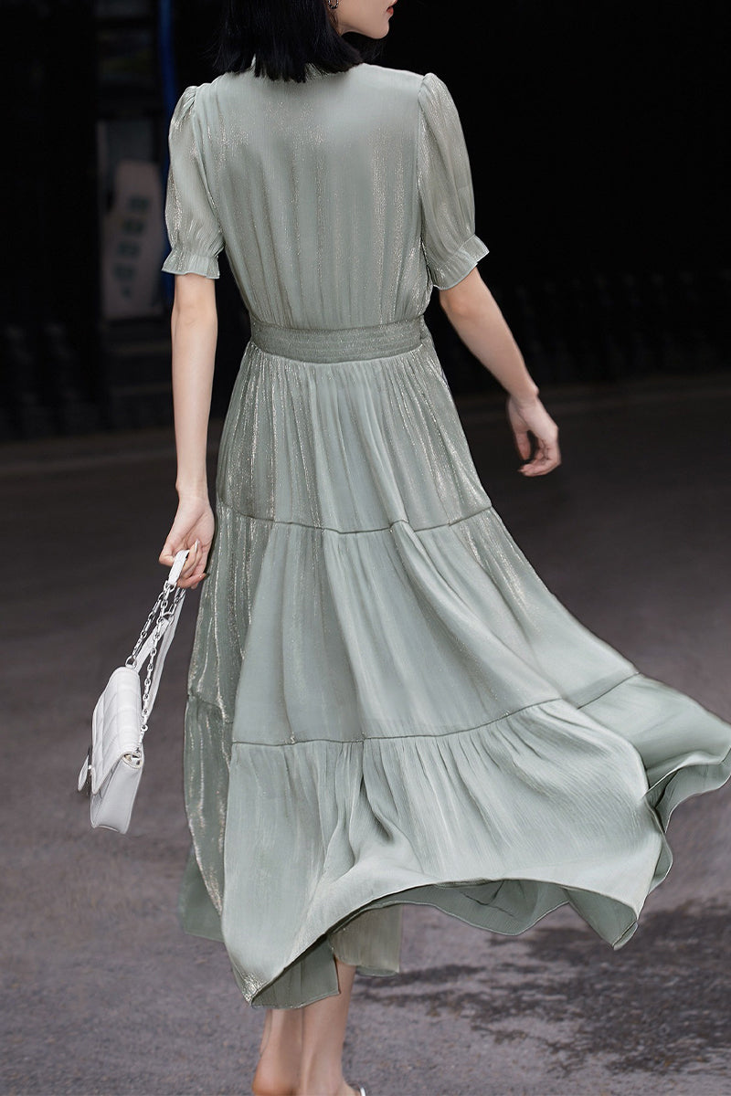 Silky Tiered Puff-Sleeve Glisten Maxi Dress