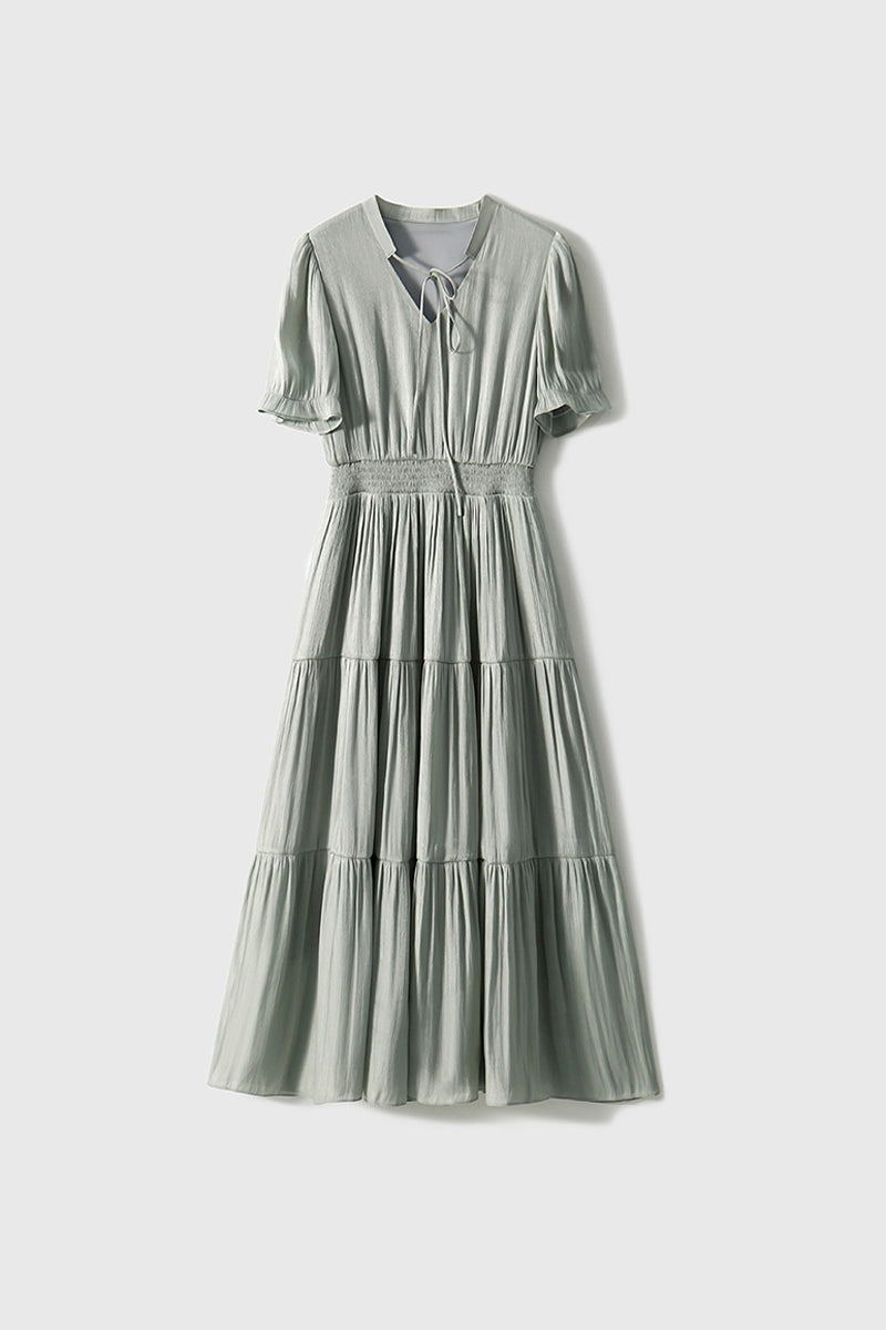 Silky Tiered Puff-Sleeve Glisten Maxi Dress