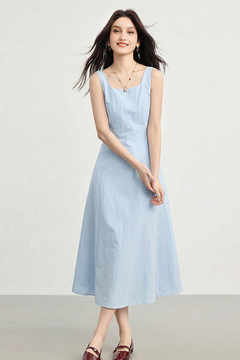 Blue Sleeveless Square-Neck A-Line Maxi Dress