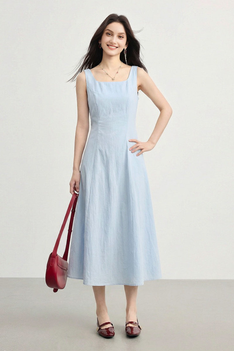 Blue Sleeveless Square-Neck A-Line Maxi Dress